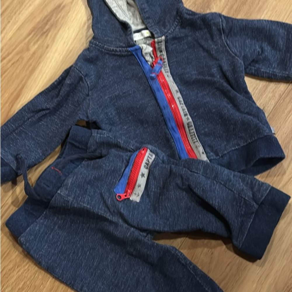 Denim Hooded Baby Outfit with Red and Blue Accents